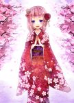  1girl :d cherry_blossoms clapping flower flower_on_head hair_ornament japanese_clothes kay_(utd) kimono long_hair looking_at_viewer open_mouth original petals pink_hair rose smile solo violet_eyes 