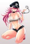  1girl bare_legs breasts chain choker cuffs final_fight gradient gradient_background grey_background handcuffs hat hiro1984 large_breasts long_hair navel off_shoulder one_knee peaked_cap pink_eyes pink_hair poison_(final_fight) short_shorts shorts solo tank_top wink 