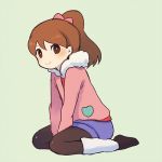  1girl ayu_(mog) black_legwear blush brown_eyes brown_hair heart kodama_fumika long_hair looking_at_viewer lowres pantyhose ponytail sitting smile solo white_pupil youkai_watch 