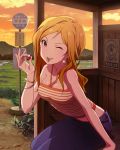  1girl ;p bracelet brown_eyes brown_hair cherry cherry_stem_knot earrings food fruit idolmaster idolmaster_million_live! jewelry long_hair looking_at_viewer momose_rio official_art solo sunset tongue tongue_out wink 