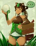  ... 1girl animal_ears breasts brown_hair dark_skin empty gourd green_eyes hat hat_removed headwear_removed leaf leaf_on_head original raccoon_ears raccoon_tail ribbed_sweater rice_hat saane solo sweater tail tan_(saane) tanuki 