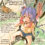 1girl admiral_(kantai_collection) alternate_costume artist_self-insert blue_hair bottle breasts colored_pencil_(medium) exercise_machine flying_sweatdrops gradient_hair i-19_(kantai_collection) kantai_collection kirisawa_juuzou long_hair looking_at_viewer looking_up multicolored_hair red_eyes running star star-shaped_pupils symbol-shaped_pupils traditional_media translated treadmill twintails water_bottle weightlifting wiping_sweat 