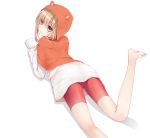  1girl animal_hood barefoot bike_shorts book brown_eyes brown_hair casual doma_umaru himouto!_umaru-chan hood leg_up looking_at_viewer lying on_stomach simple_background smile solo uttt white_background 