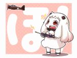  1girl :d ahoge airplane chibi controller dress holding horns kantai_collection mittens northern_ocean_hime open_mouth red_eyes remote_control shinkaisei-kan shouningyou smile solo sparkle translation_request white_dress white_hair white_skin 