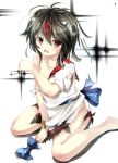  1girl black_hair collarbone covering covering_breasts fang gorilla_(bun0615) highres horns kijin_seija looking_at_viewer multicolored_hair open_mouth red_eyes sitting solo tears torn_clothes touhou two-tone_hair wavy_mouth 