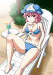  1girl beach_chair bikini blue_bikini breasts cleavage cocktail drinking_straw hat kousei_(public_planet) large_breasts pink_eyes saigyouji_yuyuko sitting smile solo swimsuit touhou triangular_headpiece veil 