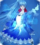  1girl belt bird blue_background blue_dress blue_eyes blue_hair bow cropped_jacket dove dress expressionless high_collar high_ponytail jewelry lace lace-trimmed_skirt long_hair looking_away necklace pendant ponytail rapier ribbon rwby scar side_ponytail snowflake_print solo sword velocesmells weapon weiss_schnee wide_sleeves 