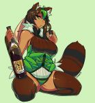  1girl animal_ears bottle breasts brown_hair brown_legwear cup dark_skin green_eyes hat hat_removed headwear_removed kneeling large_breasts leaf leaf_on_head long_hair original raccoon_ears raccoon_tail ribbed_sweater rice_hat saane sake_bottle sleeveless solo sweater tail tan_(saane) tanuki thigh-highs 