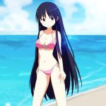  1girl :o beach bikini black_hair breasts cato_(monocatienus) collarbone horizon houraisan_kaguya long_hair lowleg lowleg_bikini mound_of_venus navel parted_lips seaside side-tie_bikini skinny solo straight_hair swimsuit touhou very_long_hair violet_eyes 