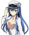  1girl akame_ga_kill! blue_eyes blue_hair blush breasts bust esdeath grin hat hat_tip highres long_hair open_clothes open_shirt smile solo tattoo tom_(drpow) white_background 