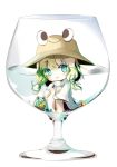  1girl :/ animal aqua_eyes blonde_hair bow cup eyelashes flower food frog glass hair_bow hair_ornament hat in_container in_cup in_food leg_hug long_sleeves looking_at_viewer minigirl moriya_suwako nakaikane shirt short_hair simple_background skirt skirt_set smile solo touhou turtleneck vest white_background wide_sleeves 