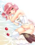  1girl apple atelier_(series) atelier_escha_&amp;_logy bed_sheet blush braid crop_top escha_malier food fruit green_eyes hlz lying on_side panties pink_hair pink_panties pom_pom_(clothes) short_hair smile solo tail thigh-highs twintails underwear undressing white_background white_legwear 
