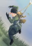  1girl absurdres airplane blonde_hair blue_eyes commentary dutch_angle erica_(naze1940) falling full_body germany gloves grass helmet highres long_hair military military_uniform open_mouth original parachute scared sky soldier solo tree uniform world_war_ii 