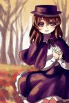  1girl autumn blush brown_eyes brown_hair capelet douji hands_clasped hat solo steepled_fingers touhou usami_renko 