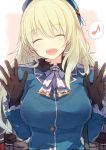  1girl :d ^_^ atago_(kantai_collection) blonde_hair breasts closed_eyes gloves hat hiiragisouren kantai_collection large_breasts long_hair musical_note open_mouth smile solo spoken_musical_note 