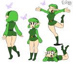 1girl ass bigdead93 black_eyes boots collage fairy green_hair highres kokiri lying ocarina_of_time on_stomach pointy_ears saria short_hair small_breasts smile solo the_legend_of_zelda unitard 