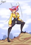  1girl antennae bigdead93 black_torch bob_cut bodysuit breasts cleavage cropped_jacket crotch_plate fallout_(black_torch) full_body hand_on_thigh highres kamina_shades pointy_shoes purple_hair short_hair solo standing unzipped 