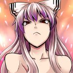  1girl bare_shoulders bow collarbone commentary_request frown fujiwara_no_mokou hair_bow kuon_yashiro long_hair red_eyes scowl touhou white_hair 