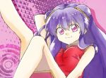  1girl :3 arm_up arms_behind_head bare_shoulders beads china_dress chinese_clothes double_bun dress hair_ornament leg_up long_hair looking_at_viewer nkoooch pink_eyes purple_hair ranma_1/2 red_dress shampoo_(ranma_1/2) sleeveless sleeveless_dress smile solo 