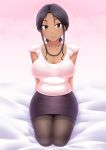  1girl black_hair black_legwear breasts brown_eyes cleavage collarbone dark_skin ghettoyouth highres jewelry large_breasts long_hair looking_at_viewer necklace original pantyhose pencil_skirt skirt smile solo 