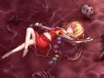  arm ascot barefoot blood bloody_clothes bloody_weapon bone flandre_scarlet hair_ribbon kuro_(baseball0000) laevatein navel no_hat orange_eyes partially_submerged ribbon short_hair side_ponytail skull touhou water weapon wings 