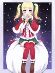  1girl :d blonde_hair blue_eyes capelet christmas finger_to_mouth kay_(utd) long_hair looking_at_viewer open_mouth original pleated_skirt red_legwear sitting skirt smile snowing solo thigh-highs twintails zettai_ryouiki 
