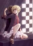  1girl blonde_hair brown_eyes character_request copyright_request glasses hanaji hands_together jacket lip_piercing looking_back necktie piercing reflection short_hair skirt smile solo through_wall zipping 