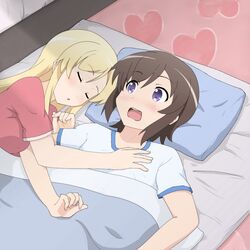  2girls bed blonde_hair blush brown_hair closed_eyes futon futsuu_no_joshikousei_ga_locodol_yattemita highres hug kohinata_yukari long_hair maimai251 multiple_girls open_mouth shared_blanket short_hair sleeping usami_nanako violet_eyes 