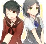  2girls ;d black_hair green_eyes hair_ornament hairclip hiiragisouren kantai_collection kuroshio_(kantai_collection) looking_at_viewer mogami_(kantai_collection) multiple_girls one_eye_closed open_mouth red_eyes short_hair smile 