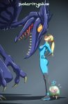  1girl alien blonde_hair blue_eyes bodysuit breasts daniel_macgregor faceoff flying_sweatdrops hands_on_hips height_difference hiding long_hair metroid metroid_(creature) orange_eyes out_of_frame ponytail ridley samus_aran size_difference skin_tight yellow_sclera zero_suit 