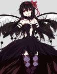  :d akemi_homura akuma_homura argyle argyle_legwear bare_shoulders black_dress black_gloves black_hair bow choker dress elbow_gloves feathered_wings gloves grey_background hair_bow highres long_hair looking_at_viewer mahou_shoujo_madoka_magica mahou_shoujo_madoka_magica_movie open_mouth outstretched_arms sensiye simple_background smile spoilers spread_arms thigh-highs violet_eyes wings zettai_ryouiki 