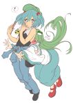  2girls bare_shoulders blue_eyes blue_hair blush breasts closed_eyes clothes_around_waist detached_sleeves dress frog_hair_ornament full-face_blush green_hair hair_bobbles hair_ornament hair_tubes highres kawashiro_nitori kochiya_sanae long_hair looking_at_viewer multiple_girls outstretched_arms pants screwdriver shirt shirt_around_waist shirukuma shoes short_hair simple_background skirt skirt_set snake_hair_ornament surprised tank_top touhou towel towel_around_neck tripping twintails very_long_hair white_background 