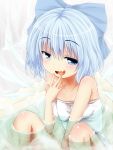  1girl bath bathing blue_eyes blue_hair cirno collarbone fang hand_to_own_mouth highres ice ice_wings looking_at_viewer ma-yu naked_towel short_hair smile solo touhou towel wings 