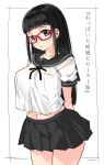  1girl arms_behind_back black_hair blush breasts glasses highres looking_at_viewer mudou_eichi open_mouth original school_uniform serafuku skirt solo translation_request 