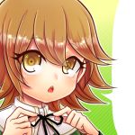  1boy adjusting_clothes adjusting_tie blush brown_eyes brown_hair close-up dangan_ronpa fujisaki_chihiro lowres male onyang open_mouth trap triangle_mouth 