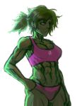  1girl abs breasts cleavage green_hair green_skin hair_over_one_eye hand_on_hip highres jesus_avalos long_hair marvel muscle ponytail she-hulk short_shorts shorts solo sports_bra 