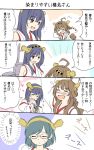  &gt;_&lt; 3girls 4koma ahoge bare_shoulders brown_hair comic detached_sleeves flying_sweatdrops hairband haruna_(kantai_collection) headgear heart japanese_clothes kantai_collection kirishima_(kantai_collection) kongou_(kantai_collection) long_hair mikkii multiple_girls nontraditional_miko sighing translated 