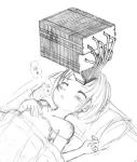  1girl blush closed_eyes heat_sink monochrome sketch under_covers what 