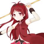  1girl antenna_hair bare_shoulders blush bow detached_sleeves hair_bow long_hair looking_at_viewer magical_girl mahou_shoujo_madoka_magica polearm ponytail red_eyes redhead sakura_kyouko simple_background smile solo spear umi_(yuutaka) weapon white_background 