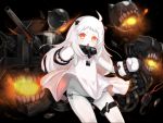  1girl ahoge black_panties dress hakokon highres horns kantai_collection long_hair looking_at_viewer machinery mittens northern_ocean_hime orange_eyes panties pantyshot shinkaisei-kan side-tie_panties solo teeth triangle_mouth turret underwear white_dress white_hair white_skin 