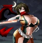  1girl belt breasts brown_eyes brown_hair cosplay energy_sword highres hiryuu_(kantai_collection) kantai_collection large_breasts namesake ninja plasma scarf science_fiction short_hair side_ponytail solo strider_(video_game) strider_hiryuu strider_hiryuu_(cosplay) sword tonfa torii5011 weapon 