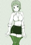  1girl blush breasts hairband idolmaster looking_at_viewer mole monochrome otonashi_kotori pencil_skirt short_hair skirt smile solo thigh-highs ueyama_michirou 