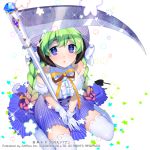  1girl braid donacoo gradient_hair green_hair hat holding long_hair looking_at_viewer multicolored_hair official_art original parted_lips scythe simple_background sitting solo thigh-highs twin_braids twintails violet_eyes white_background zettai_ryouiki 