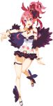  1girl :d bracelet breasts cleavage crown disgaea feather_boa harada_takehito jewelry makai_senki_disgaea_5 miniskirt necktie official_art open_mouth pink_hair pointy_ears ponytail seraphine shoes short_hair skirt smile solo standing_on_one_leg violet_eyes 