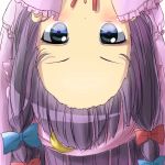  1girl blue_eyes blush crescent forehead hair_ribbon highres looking_at_viewer patchouli_knowledge pentagon_(railgun_ky1206) purple_hair ribbon solo touhou upside-down 