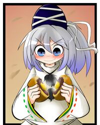  1girl blue_eyes bread food hat japanese_clothes kariginu kunitori mononobe_no_futo ponytail ribbon short_hair silver_hair skirt smile solo tate_eboshi touhou 