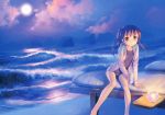  1girl :o absurdres bare_legs barefoot beach blush brown_eyes brown_hair highres hoodie long_hair looking_at_viewer moon ocean one-piece_swimsuit open_mouth original scan school_swimsuit sitting sky solo swimsuit takoyaki_(roast) twintails water 