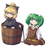  2girls 3: blonde_hair bottomless breasts bucket clothes_theft dress_removed frown fun_bo green_hair hair_bobbles hair_ornament happy in_bucket in_container juliet_sleeves kisume kurodani_yamame long_sleeves multiple_girls no_panties ponytail puffy_sleeves robe sad smile theft touhou turtleneck twintails white_background yellow_eyes 