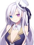  1girl breasts cleavage hat heterochromia hijiri_(resetter) long_hair looking_at_viewer original simple_background sketch smile solo white_background white_hair 