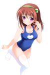  1girl brown_hair hairband highres one-piece_swimsuit original pink_eyes school_swimsuit short_hair swimsuit thigh-highs yagami-all_hail_nanao 